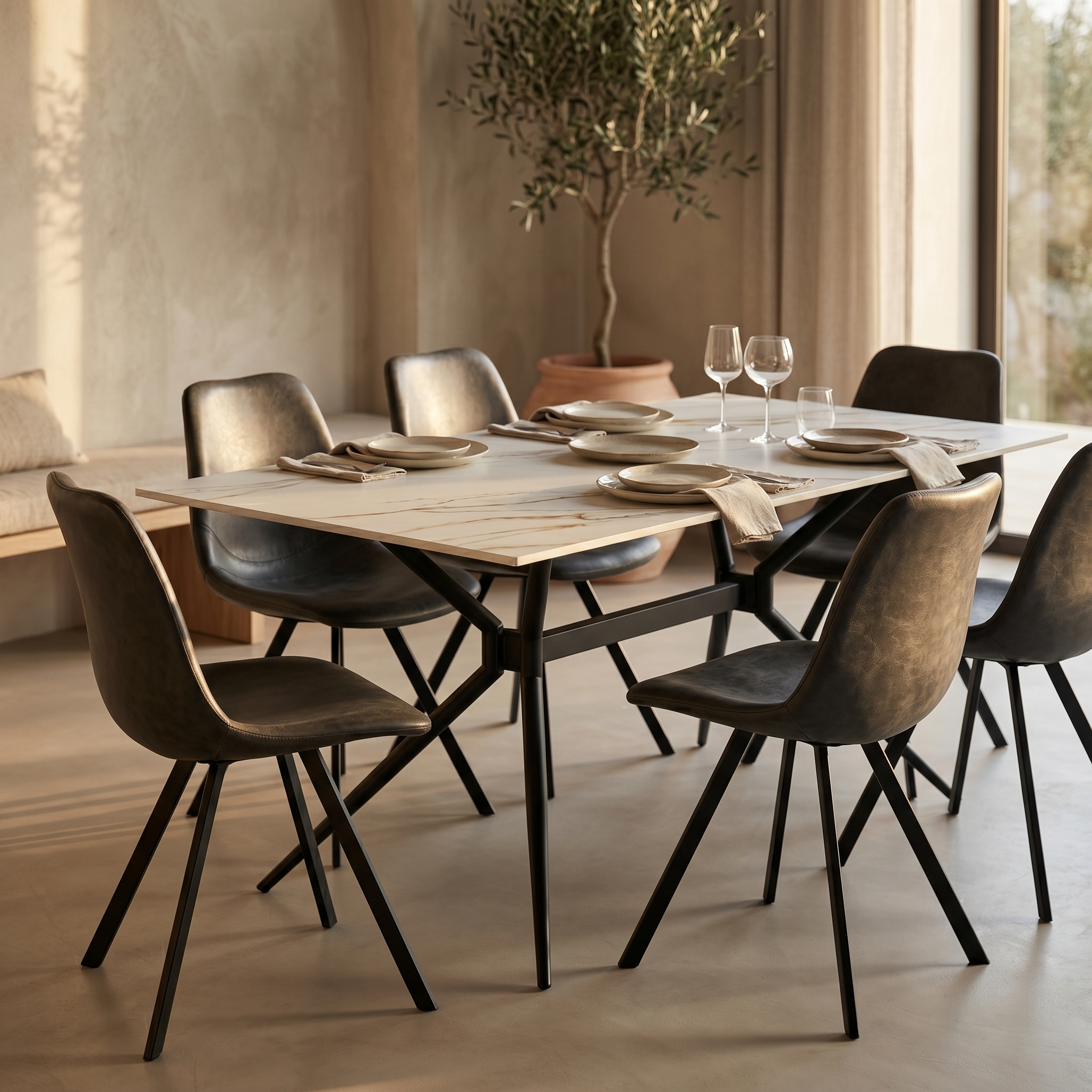 Elega Rectangular Dining Table with Sintered Stone Top and Black Steel Base