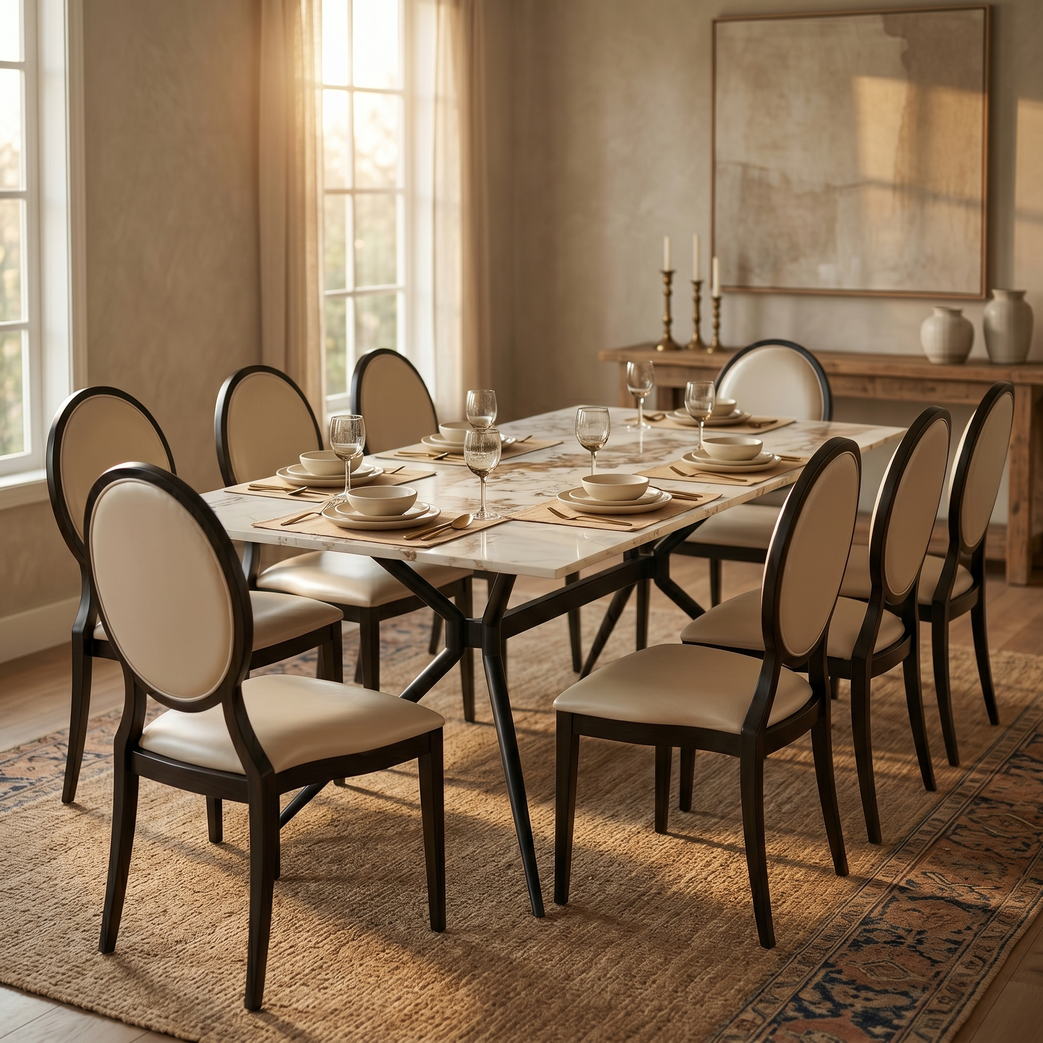 Elega Rectangular Dining Table with Sintered Stone Top and Black Steel Base