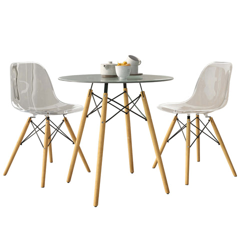 Dover 3-Piece Dining Set with Round Clear Glass Top Bistro Table and 2 Plastic Chairs