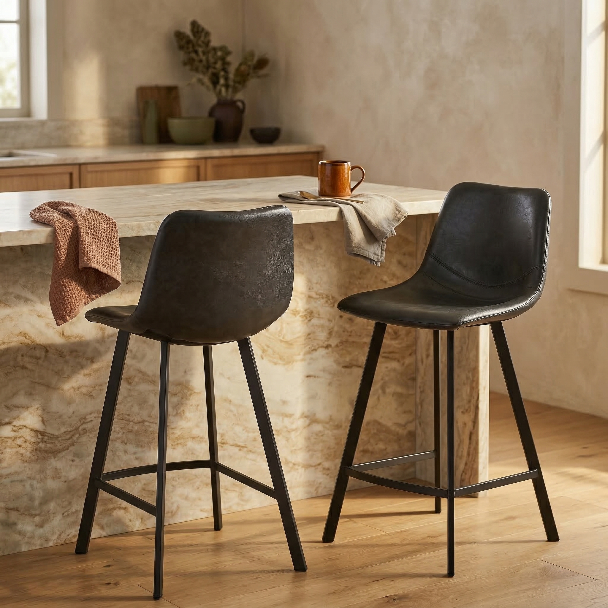 Elland Modern Upholstered Leather Bar Stool With Black/White Iron Legs & Footrest