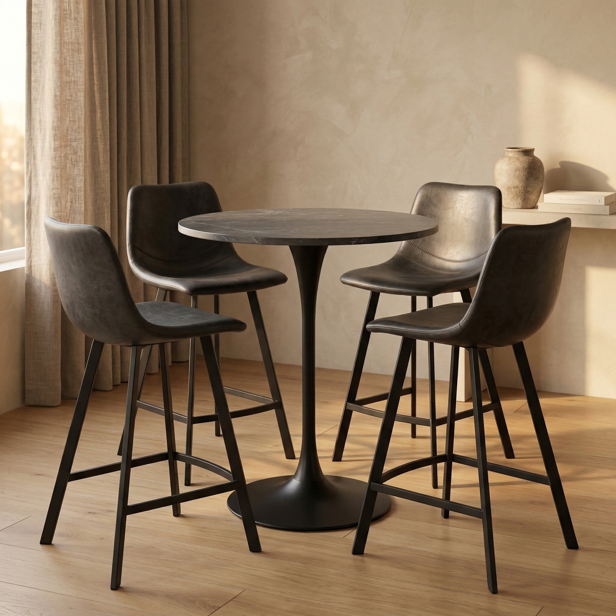 Elland Modern Upholstered Leather Bar Stool With Black/White Iron Legs & Footrest
