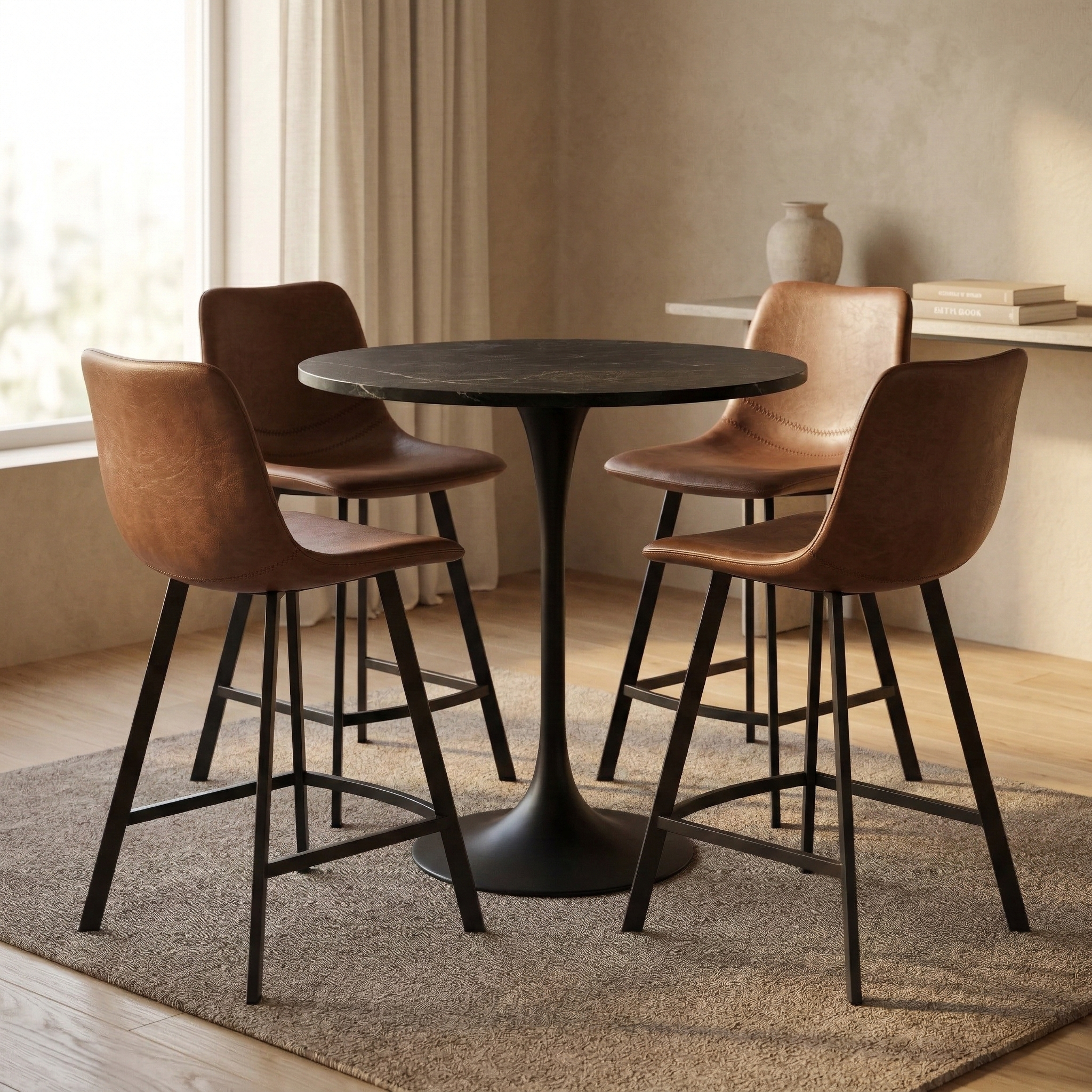 Elland Modern Upholstered Leather Bar Stool With Black/White Iron Legs & Footrest