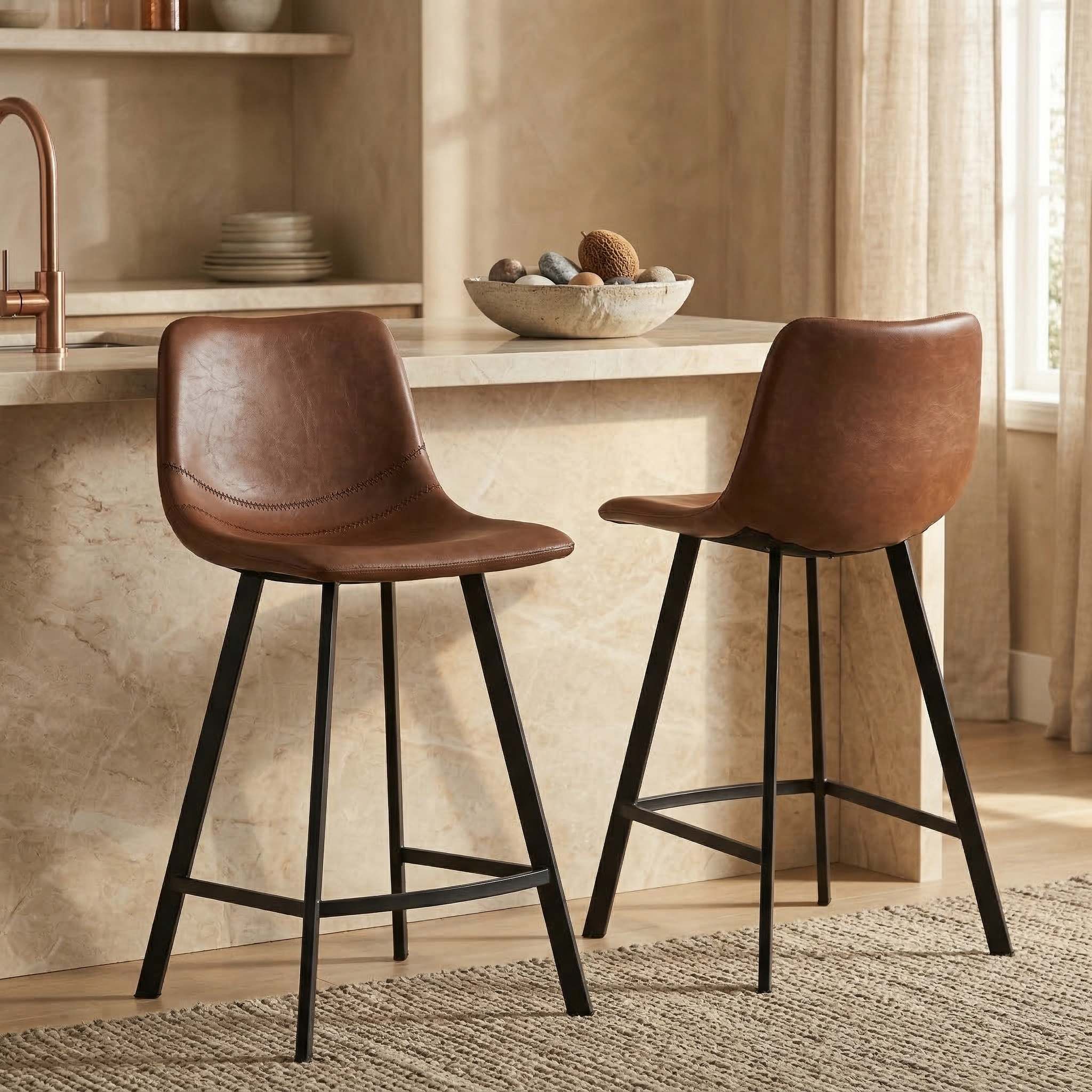 Elland Modern Upholstered Leather Bar Stool With Black/White Iron Legs & Footrest
