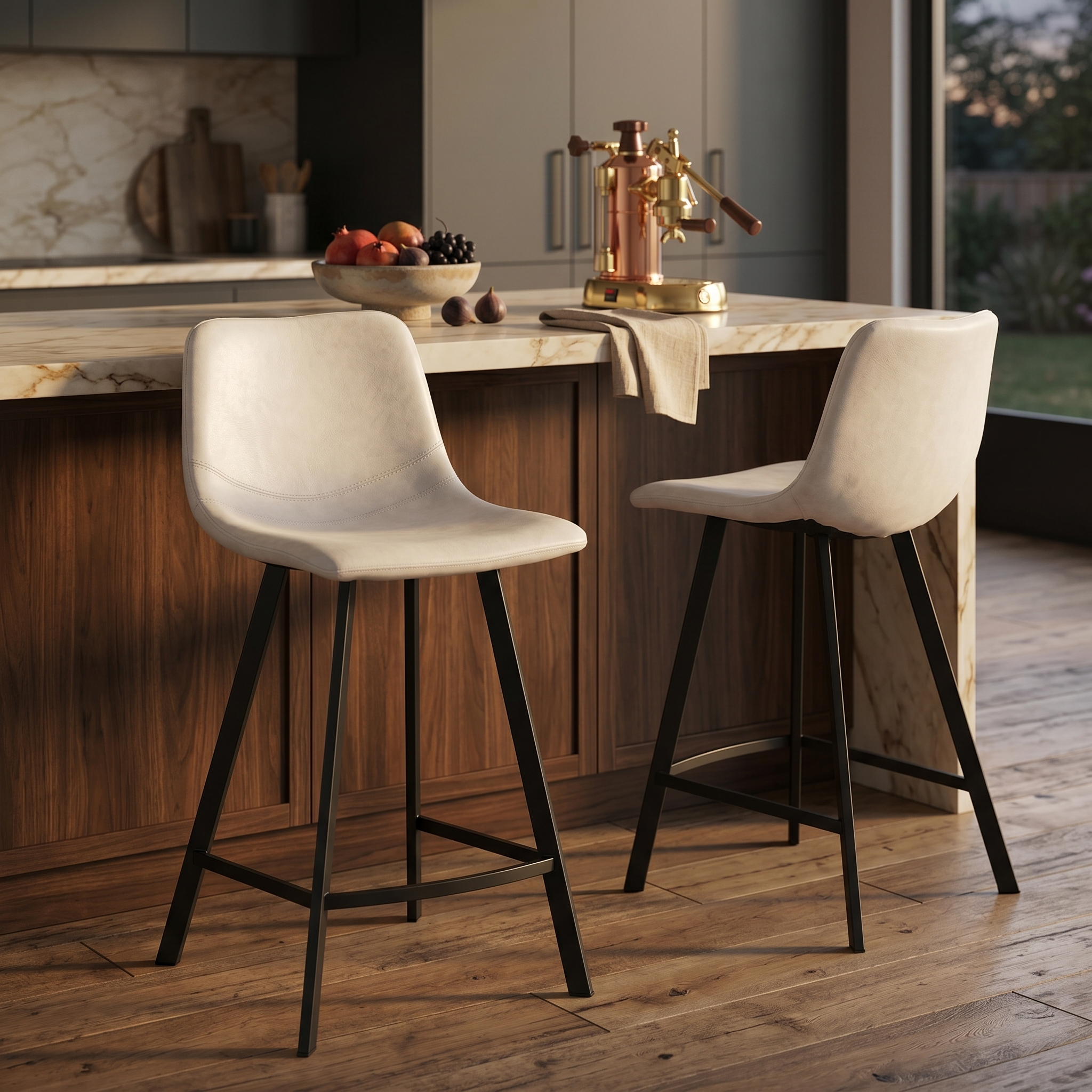 Elland Modern Upholstered Leather Bar Stool With Black/White Iron Legs & Footrest