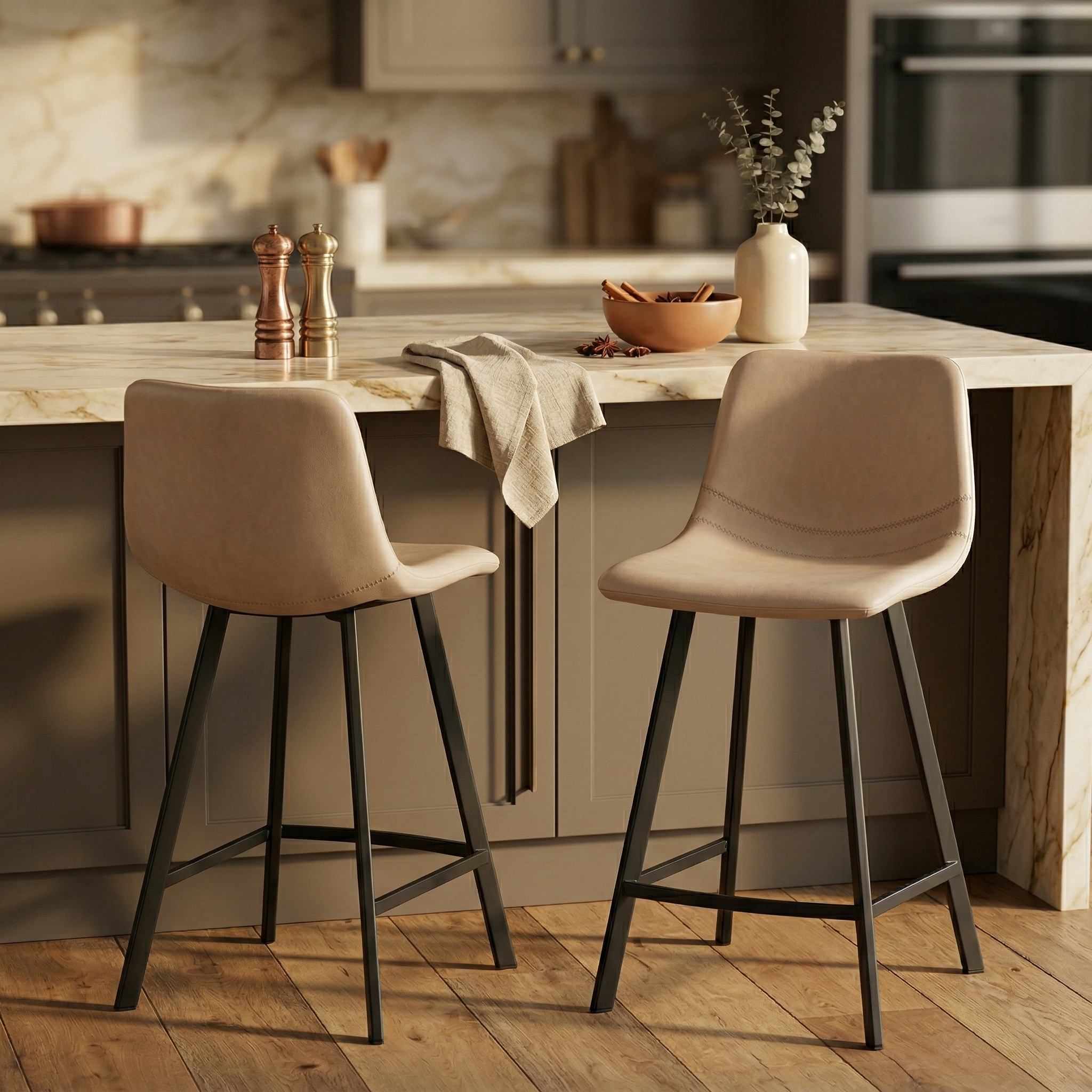 Elland Modern Upholstered Leather Bar Stool With Black/White Iron Legs & Footrest