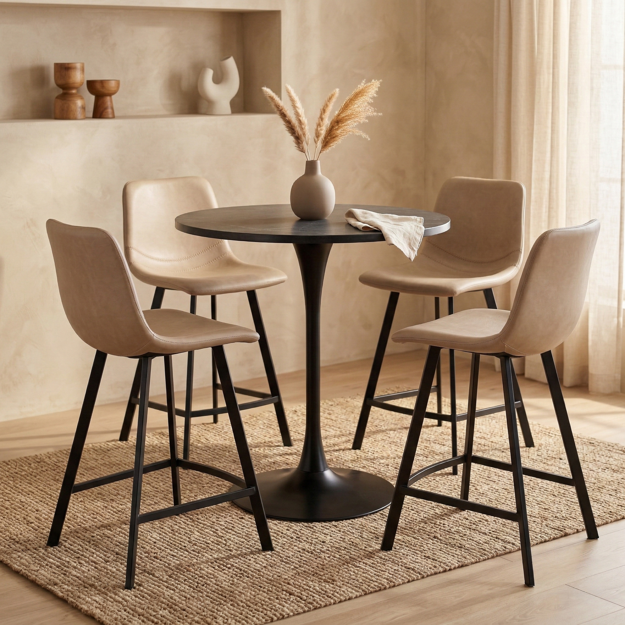 Elland Modern Upholstered Leather Bar Stool With Black/White Iron Legs & Footrest