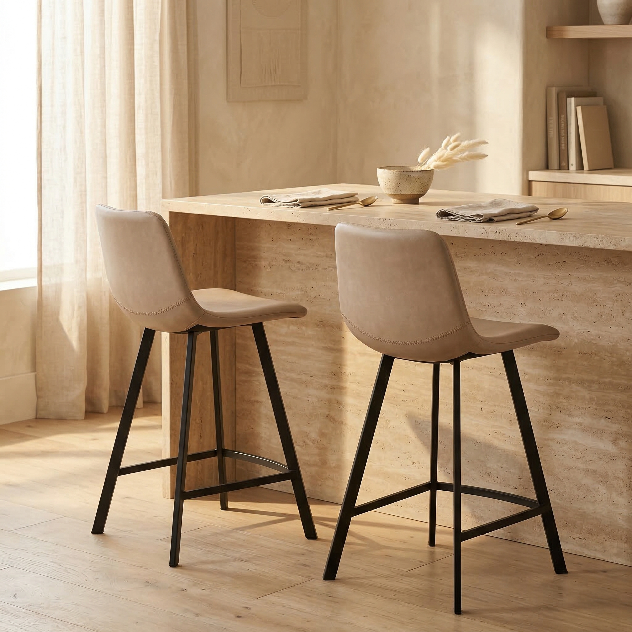 Elland Modern Upholstered Leather Bar Stool With Black/White Iron Legs & Footrest