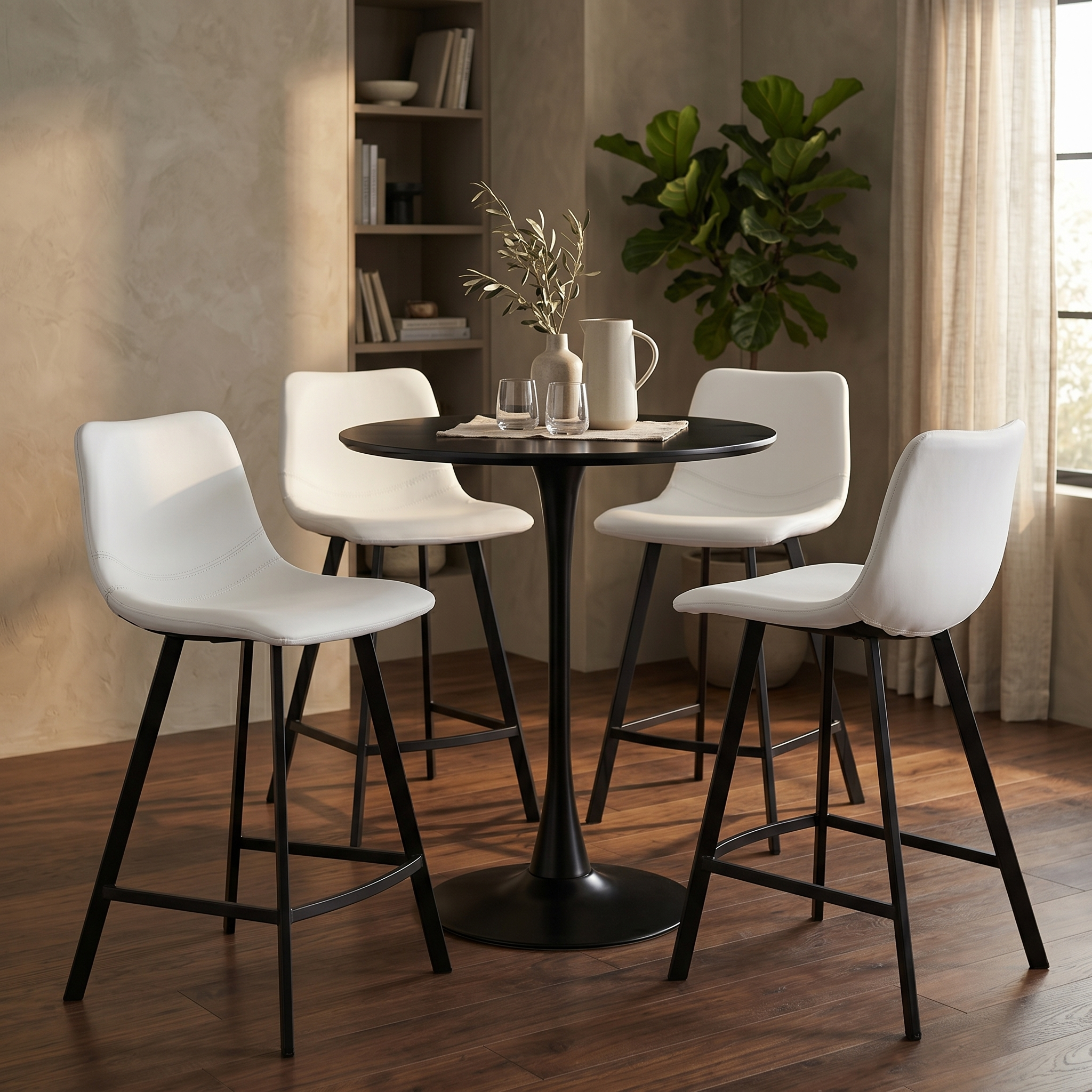 Elland Modern Upholstered Leather Bar Stool With Black/White Iron Legs & Footrest