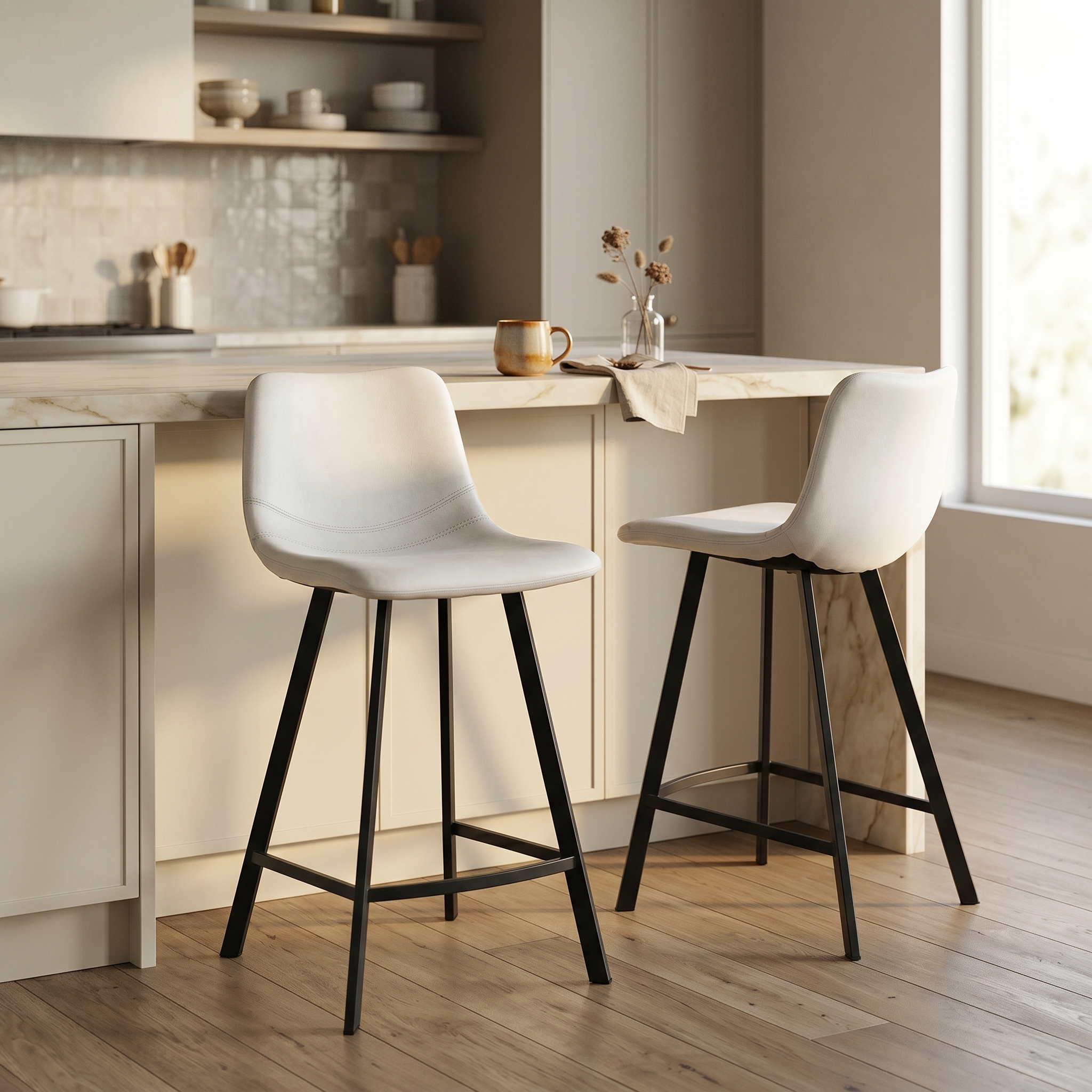 Elland Modern Upholstered Leather Bar Stool With Black/White Iron Legs & Footrest