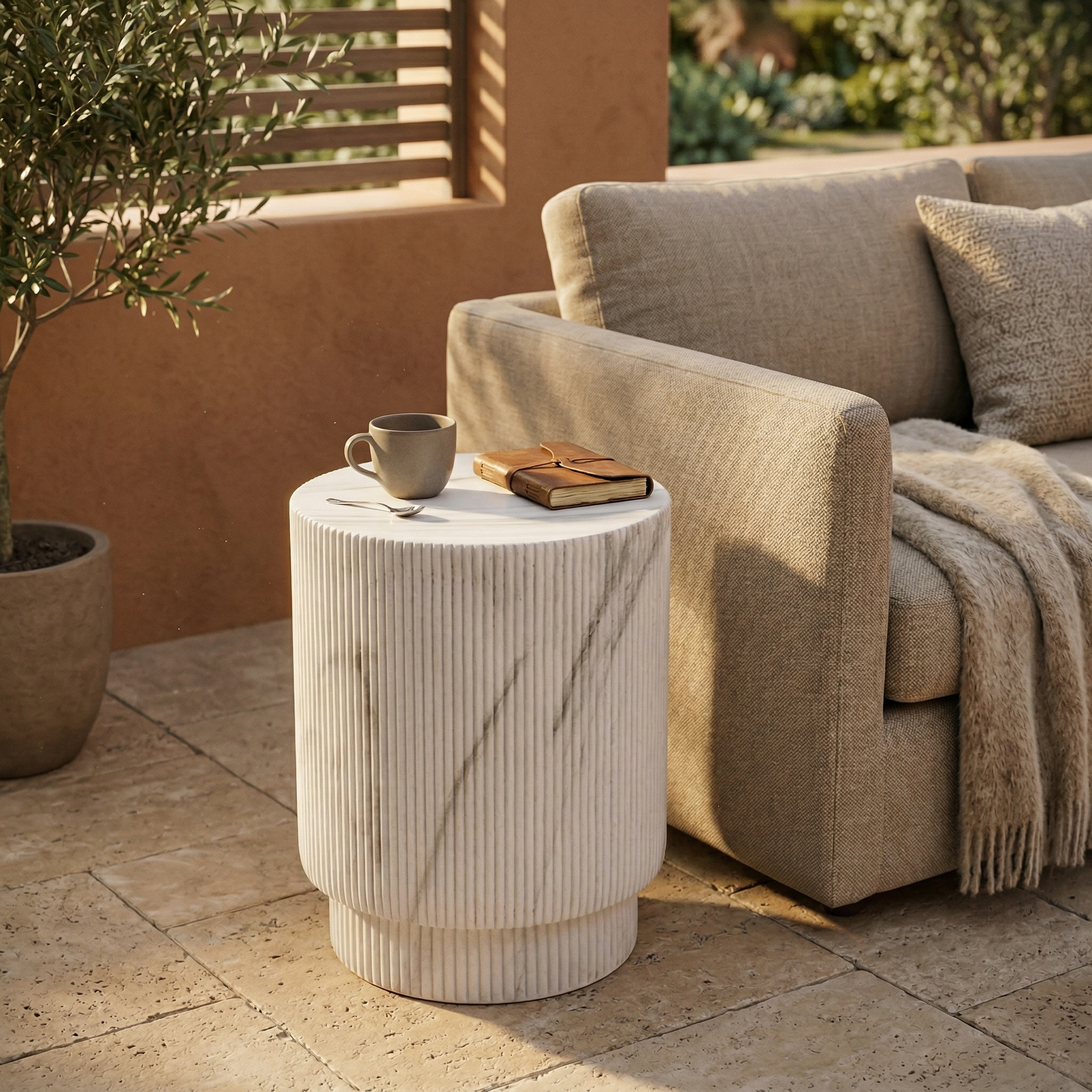 Eden Series Side Table in Fiberstone Round Accent Table for Home, Living Room, Indoor, and Outdoor
