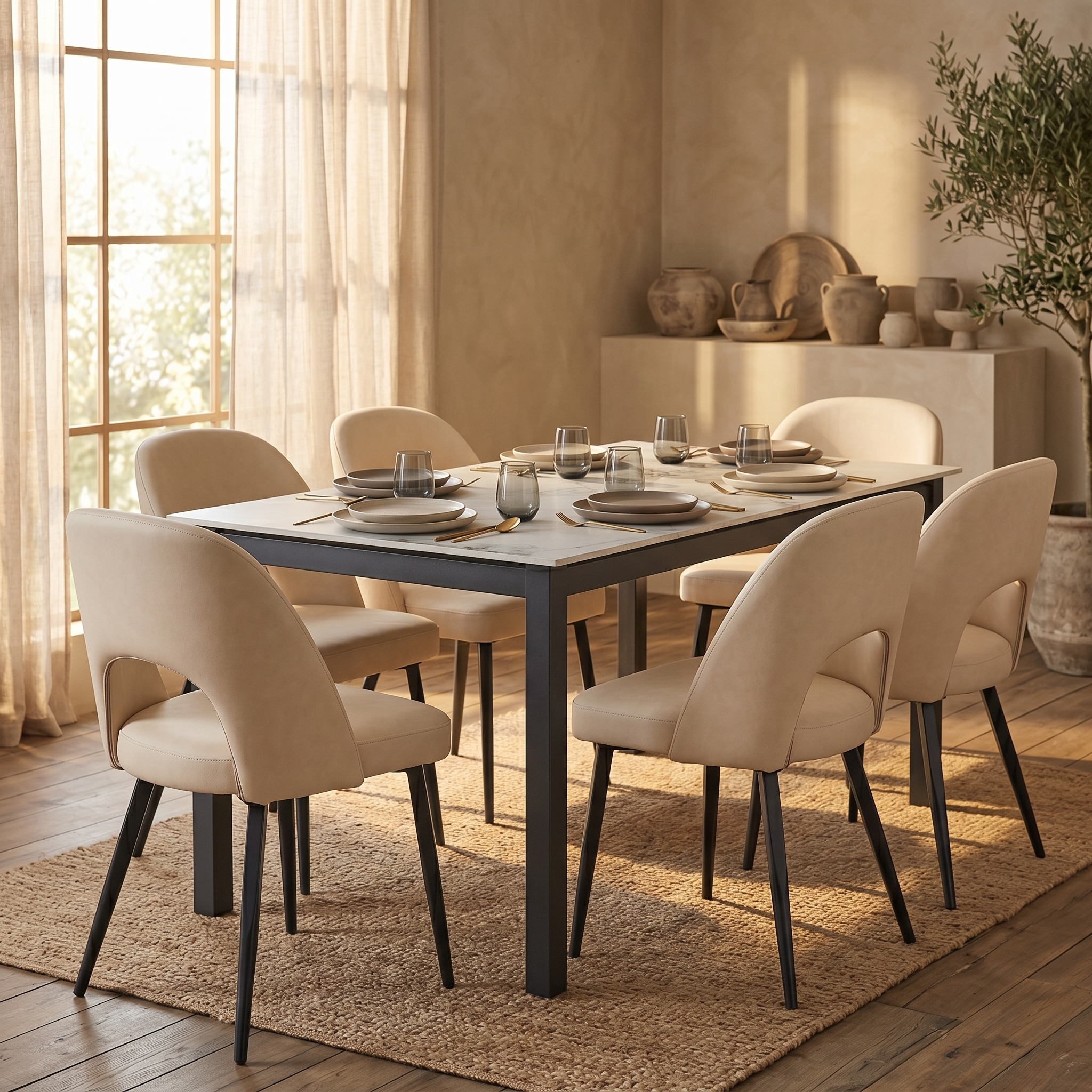 Fest Leather Dining Chairs Curved Open-Back Design with Black Steel Legs
