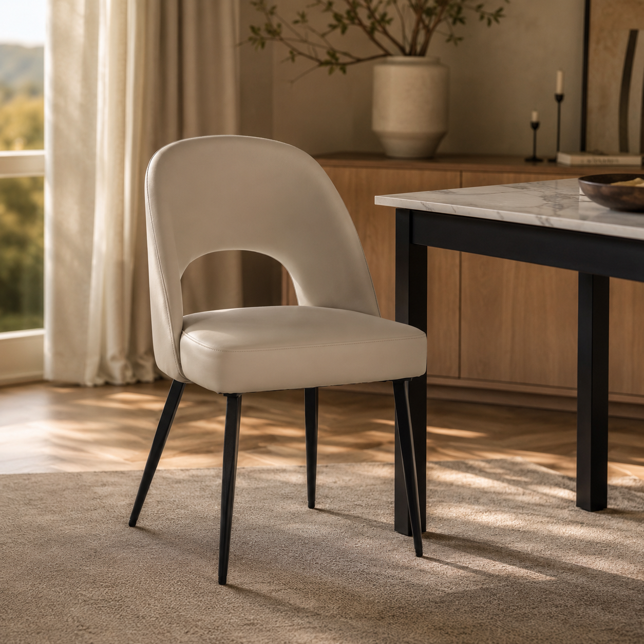 Fest Leather Dining Chairs Curved Open-Back Design with Black Steel Legs