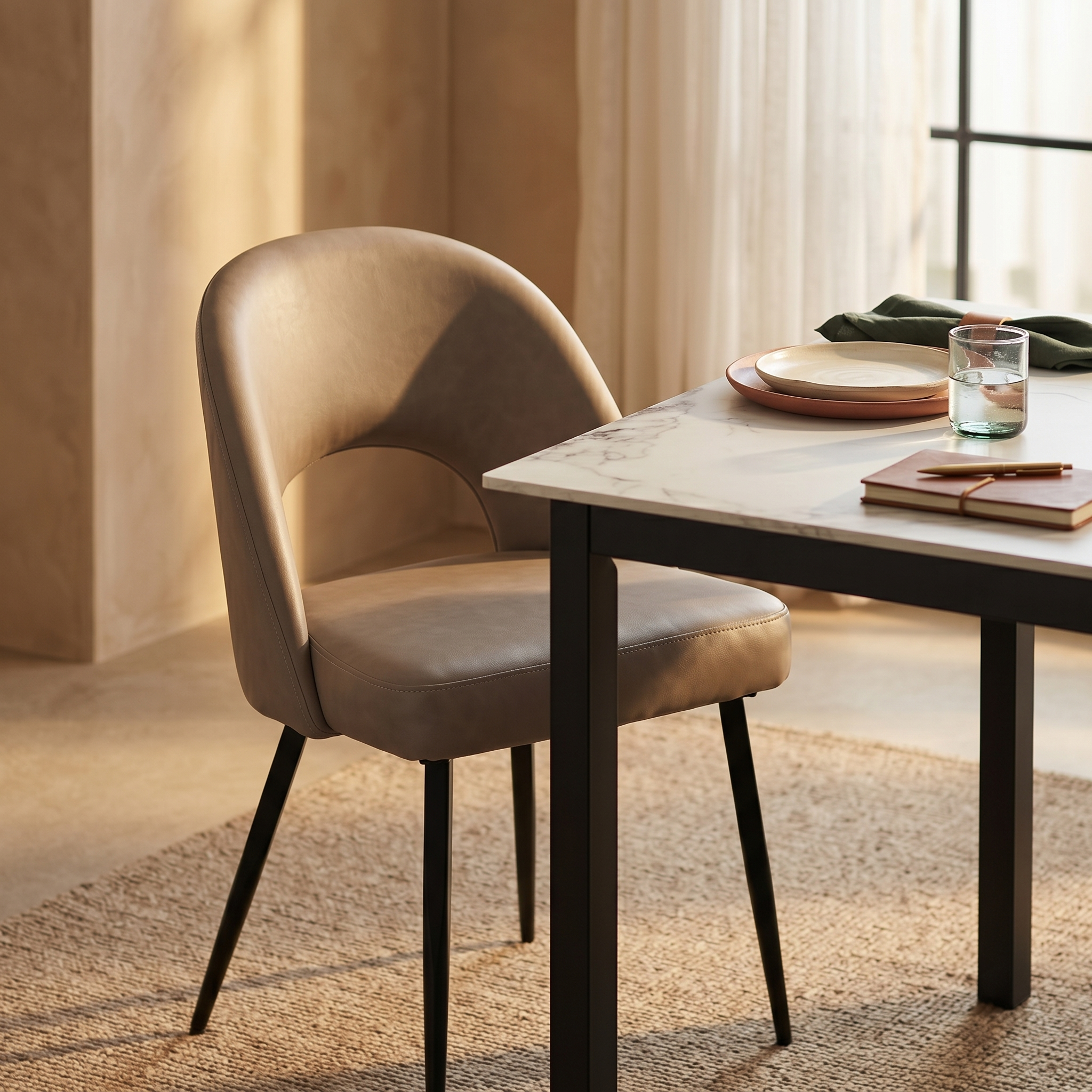 Fest Leather Dining Chairs Curved Open-Back Design with Black Steel Legs