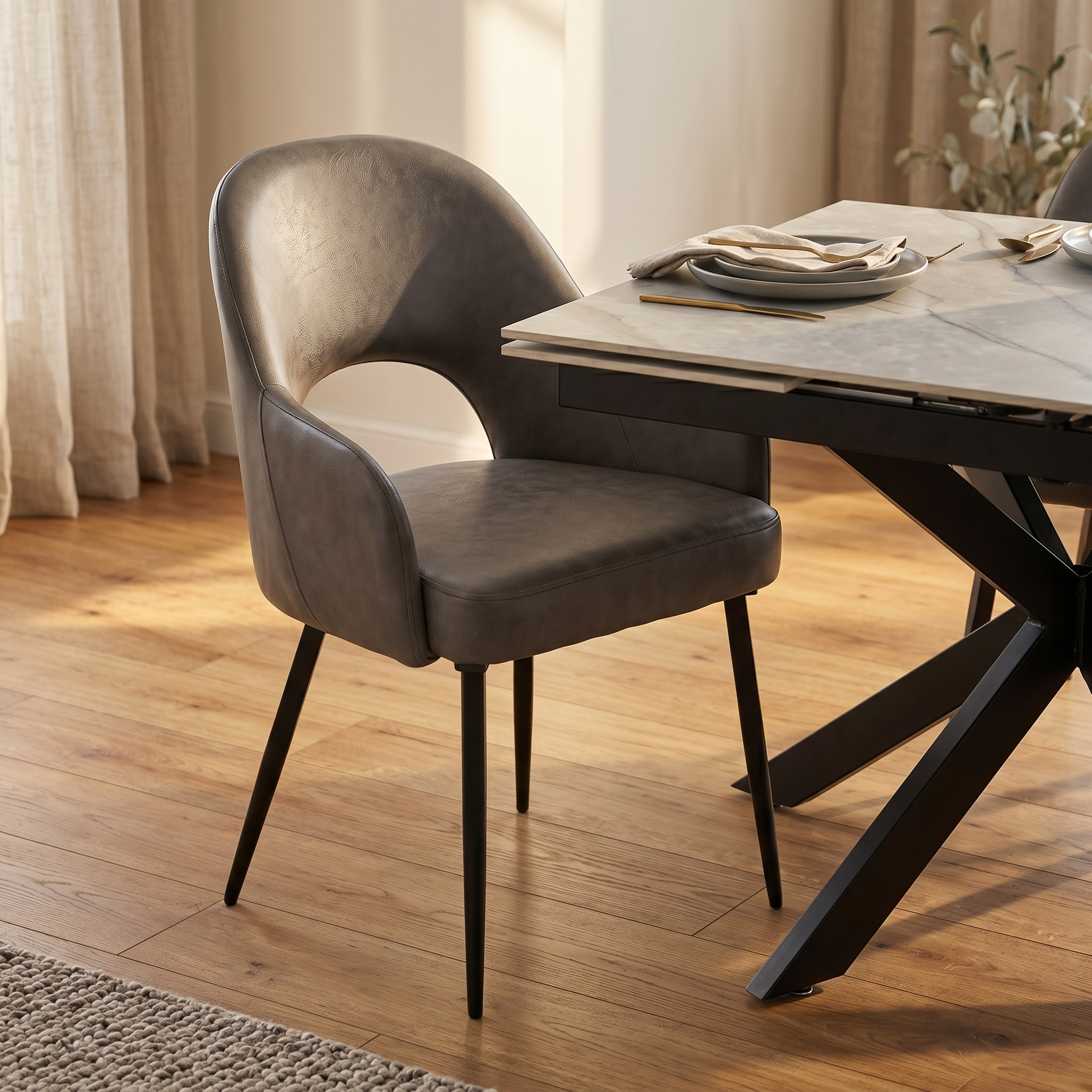 Fest Leather Dining Chairs Curved Open-Back Design with Black Steel Legs