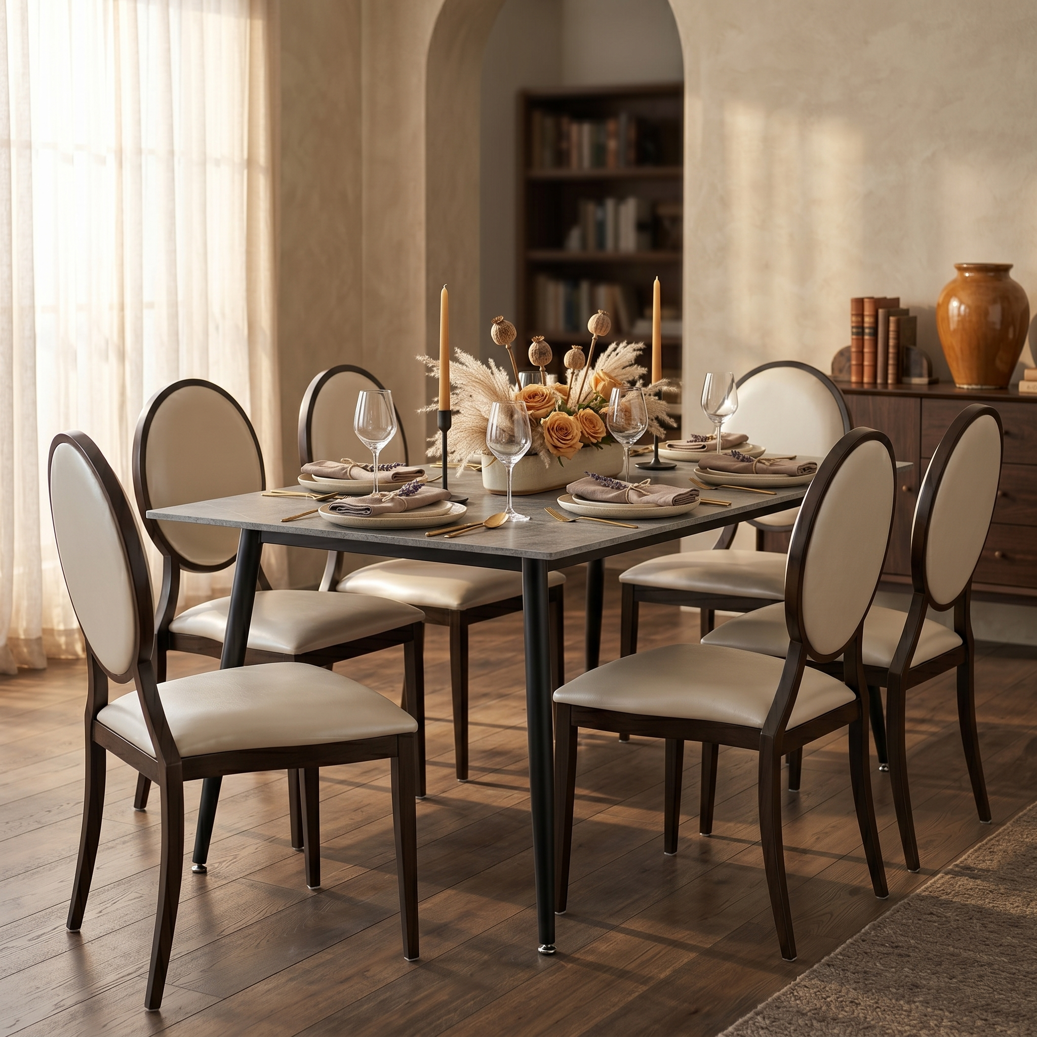 Flaco Leather Dining Chair with Aluminum Frame in Walnut Finish