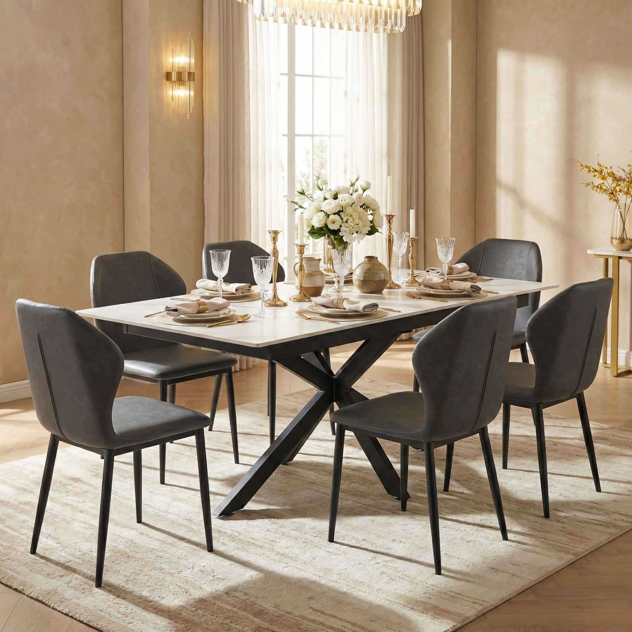 Luvic Extendable Dining Table 62"-95" Wide Sintered Stone Tabletop with Steel Legs