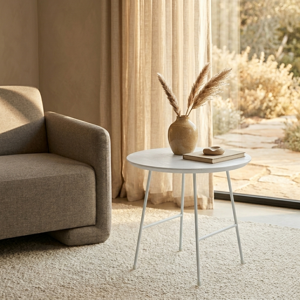 Rossmore Round Side Table with MDF Wood Tabletop in White Steel