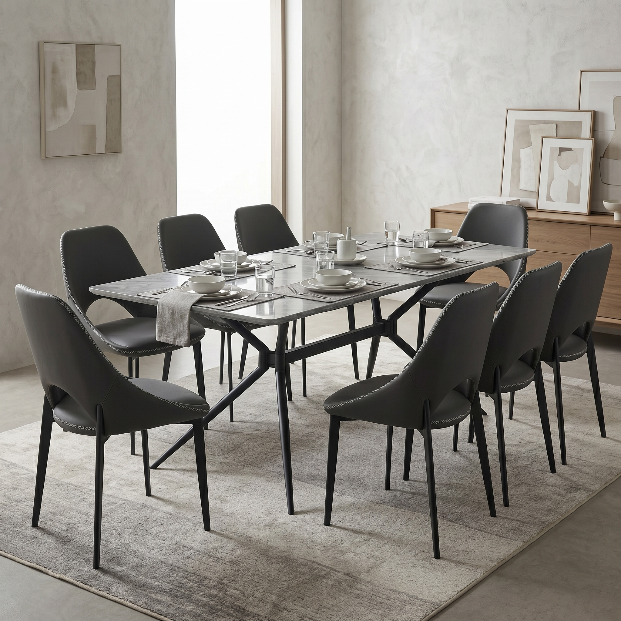 Elega Rectangular Dining Table with Sintered Stone Top and Black Steel Base