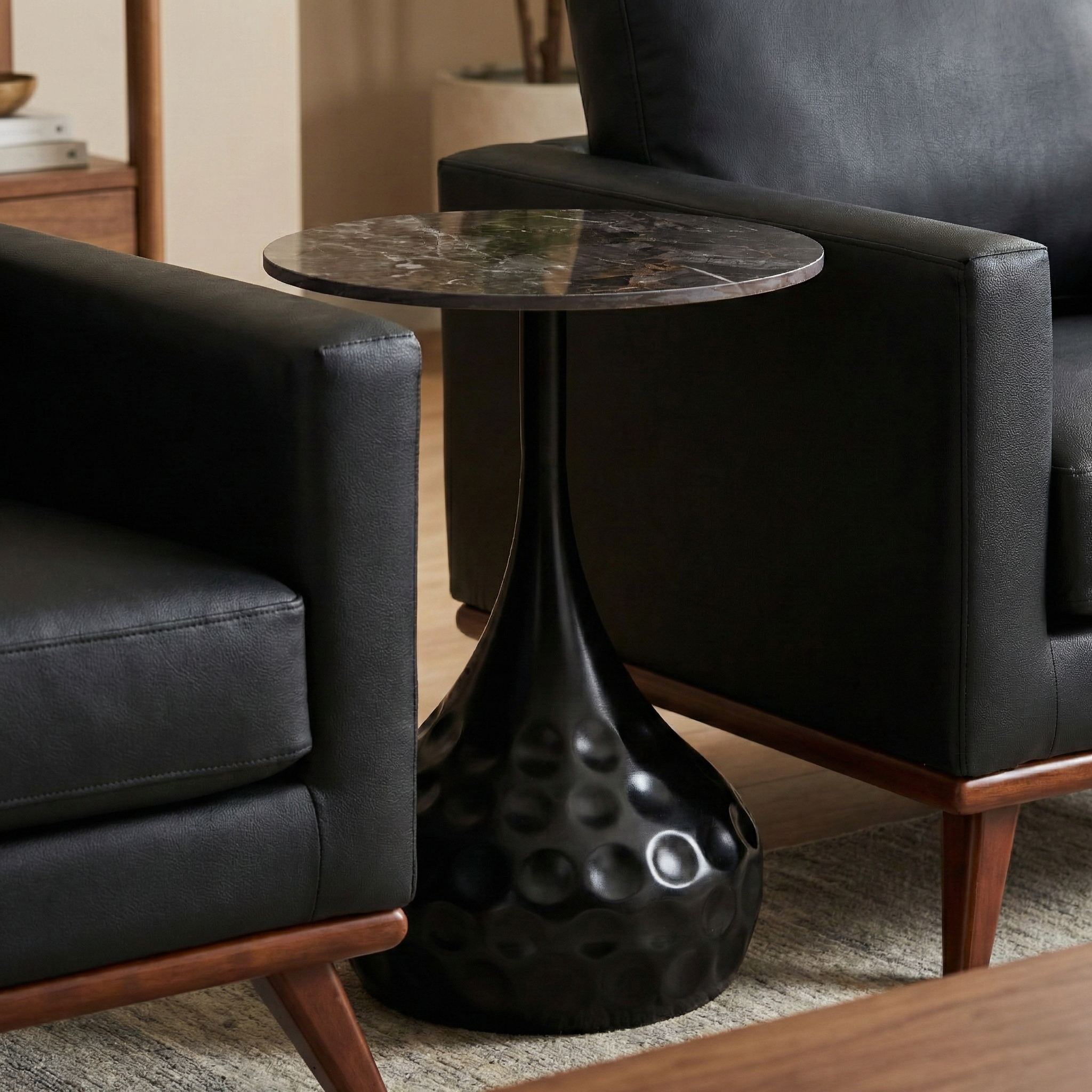 Hada Round Side/End Table with Sintered Stone Top with Steel Pedestal Base