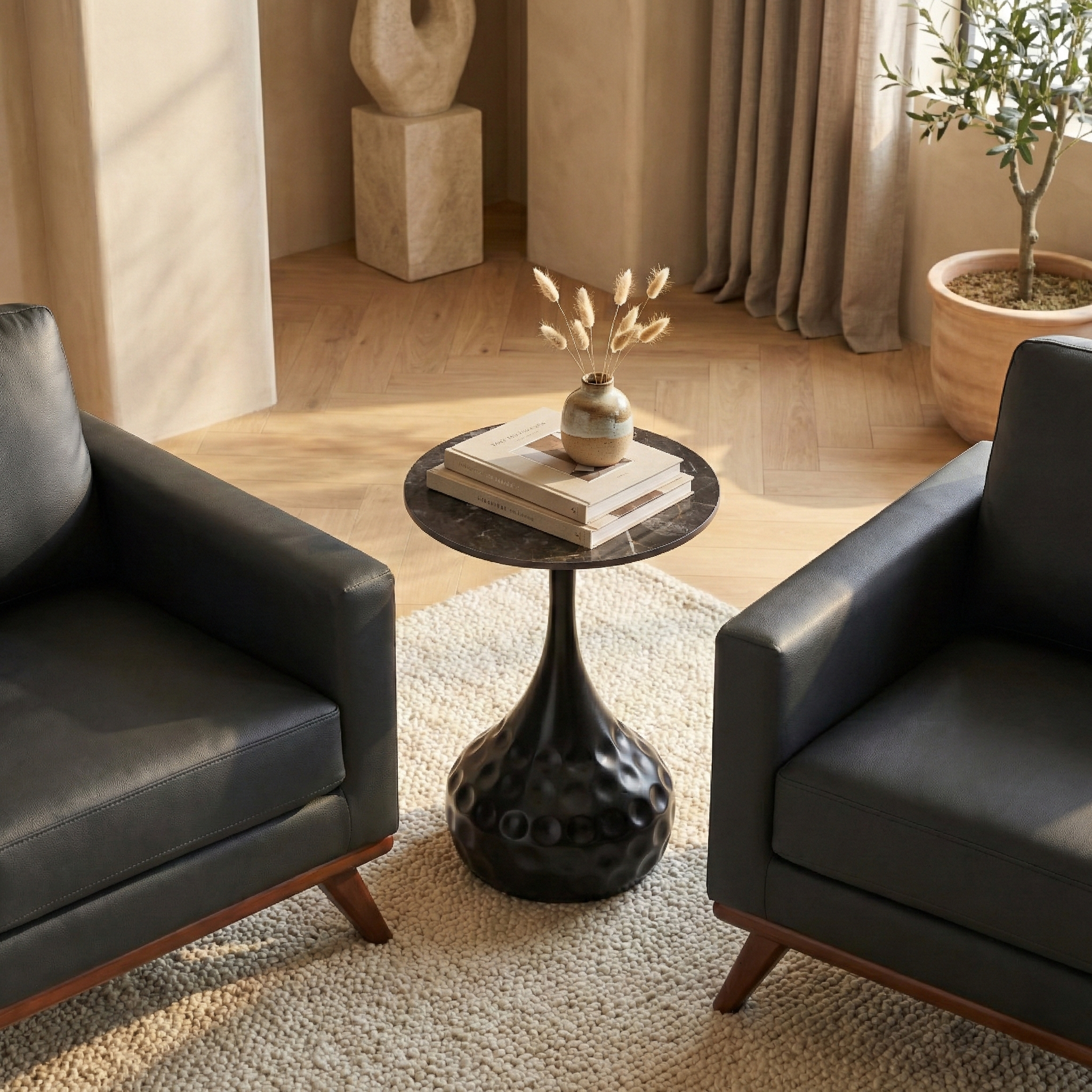 Hada Round Side/End Table with Sintered Stone Top with Steel Pedestal Base