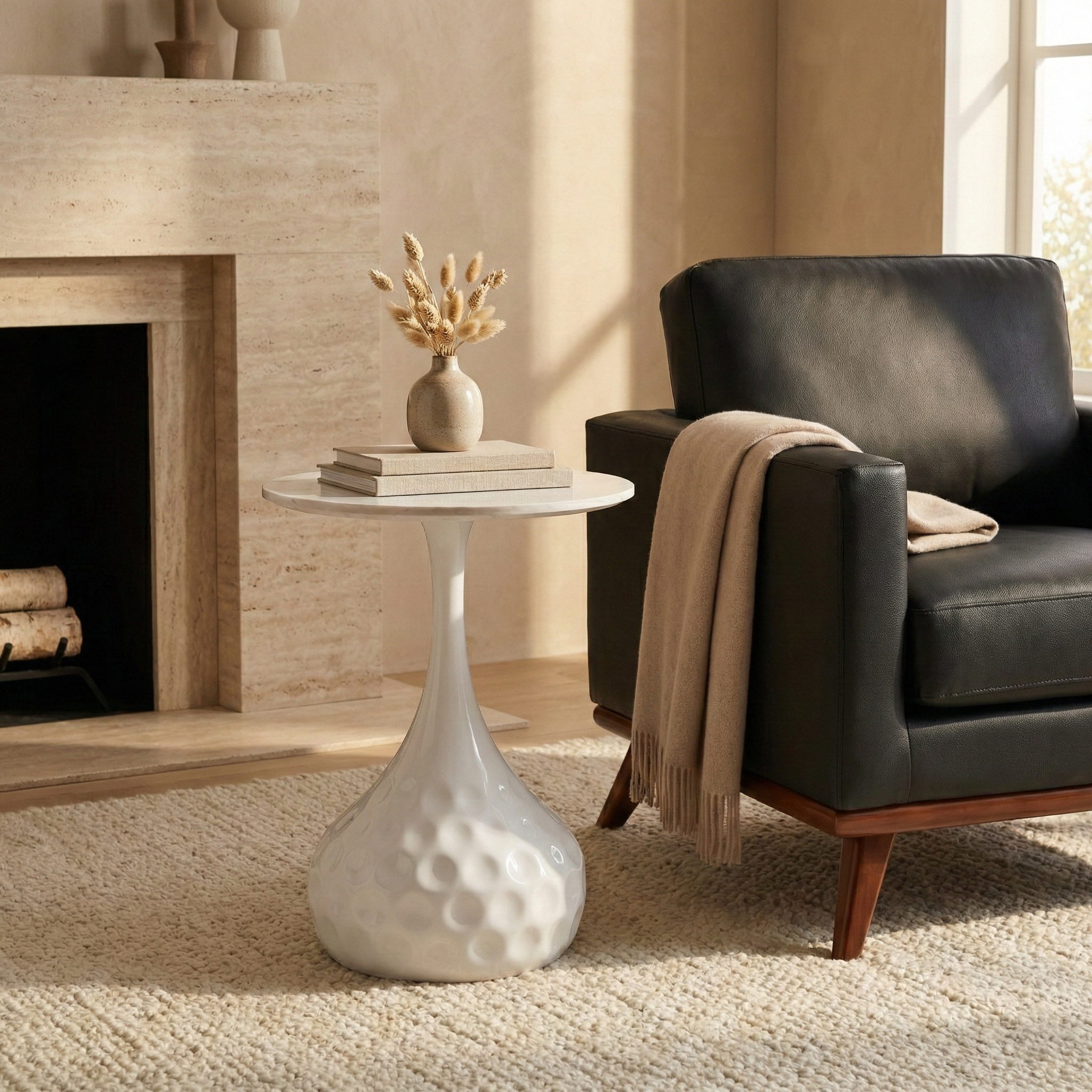 Hada Round Side/End Table with Sintered Stone Top with Steel Pedestal Base