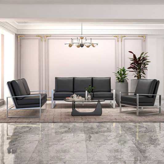 Jefferson 3-Piece Leather Sofa Set with Silver/Gold Stainless Steel Base Accent Chair and Loveseat