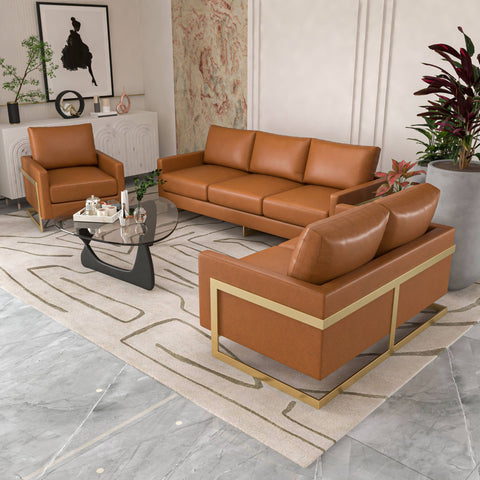 Lincoln 3-Piece Sofa Set Upholstered in Leather/Velvet Accent Chair with Gold Stainless Steel Frame