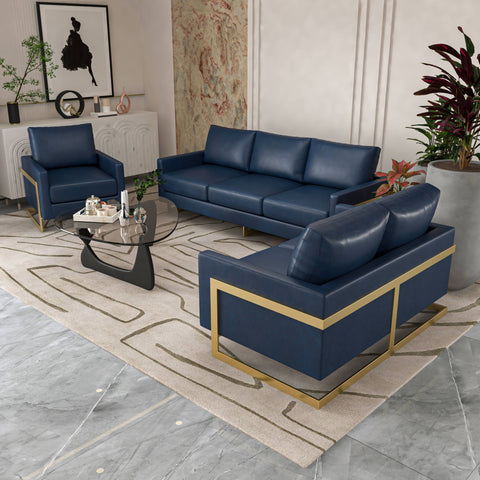 Lincoln 3-Piece Sofa Set Upholstered in Leather/Velvet Accent Chair with Gold Stainless Steel Frame