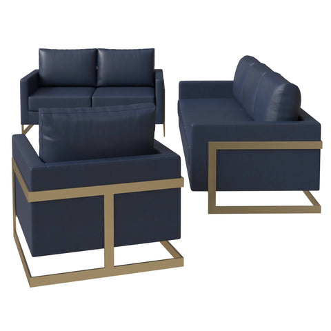 Lincoln 3-Piece Sofa Set Upholstered in Leather/Velvet Accent Chair with Gold Stainless Steel Frame