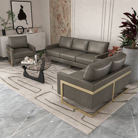Lincoln 3-Piece Sofa Set Upholstered in Leather/Velvet Accent Chair with Gold Stainless Steel Frame