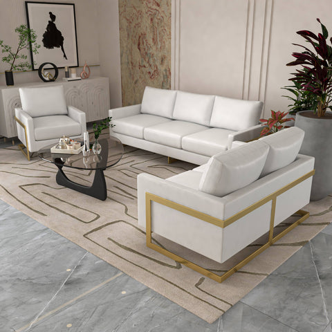 Lincoln 3-Piece Sofa Set Upholstered in Leather/Velvet Accent Chair with Gold Stainless Steel Frame