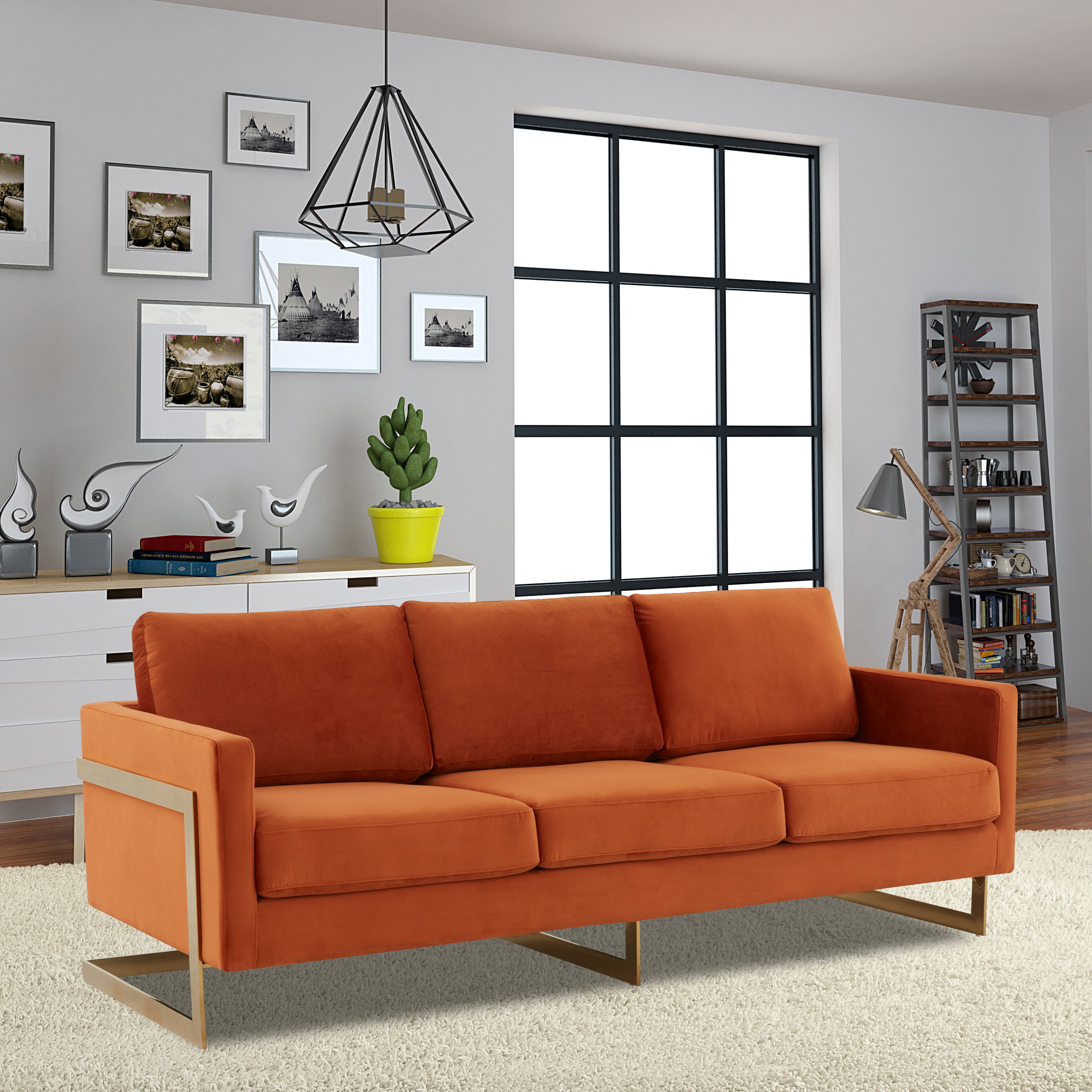 Lincoln 3-Seater Sofa Upholstered in Velvet/Leather with Black/Silver/Gold Steel Base