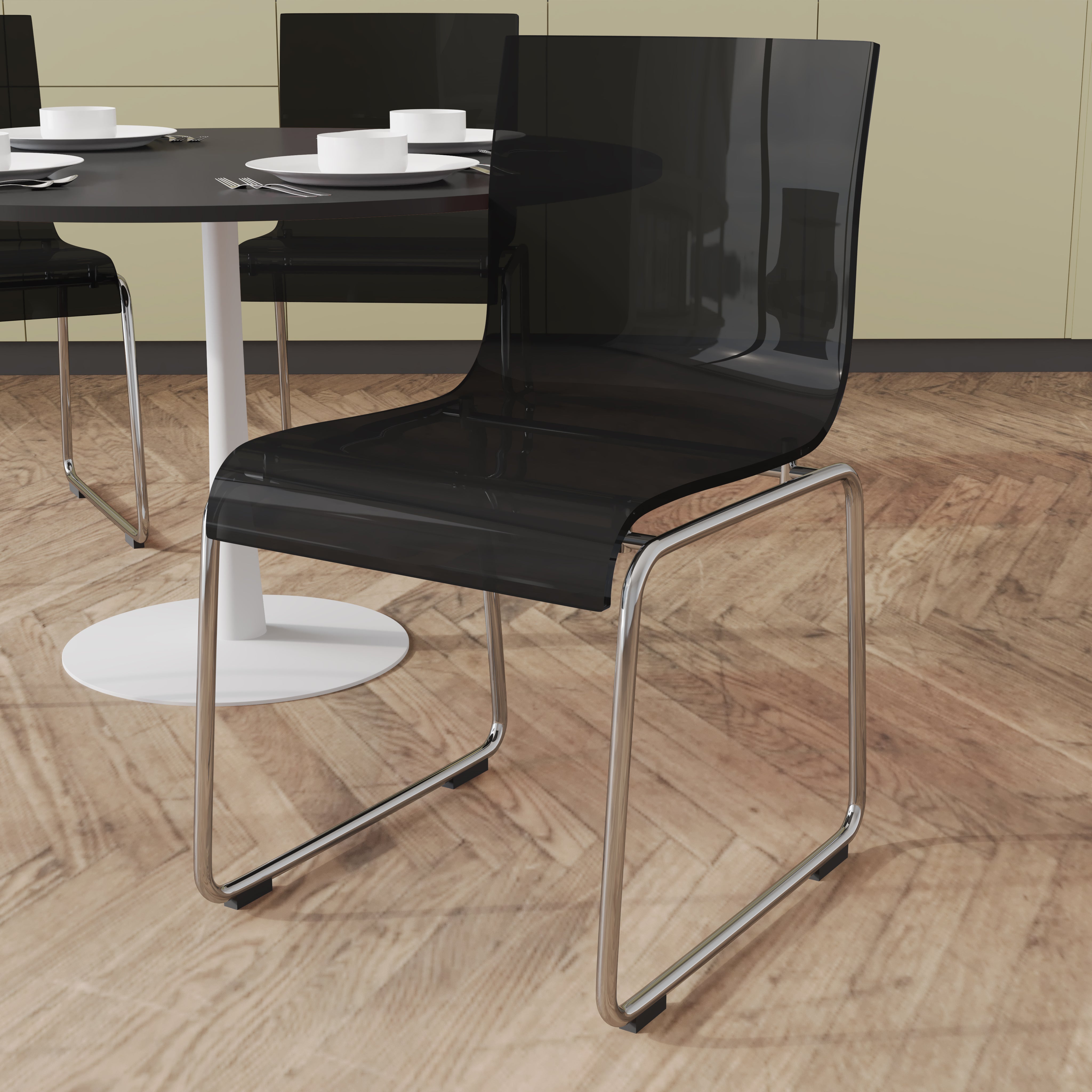 Lima Acrylic Dining Chair Stackable Design with Chrome Steel Base