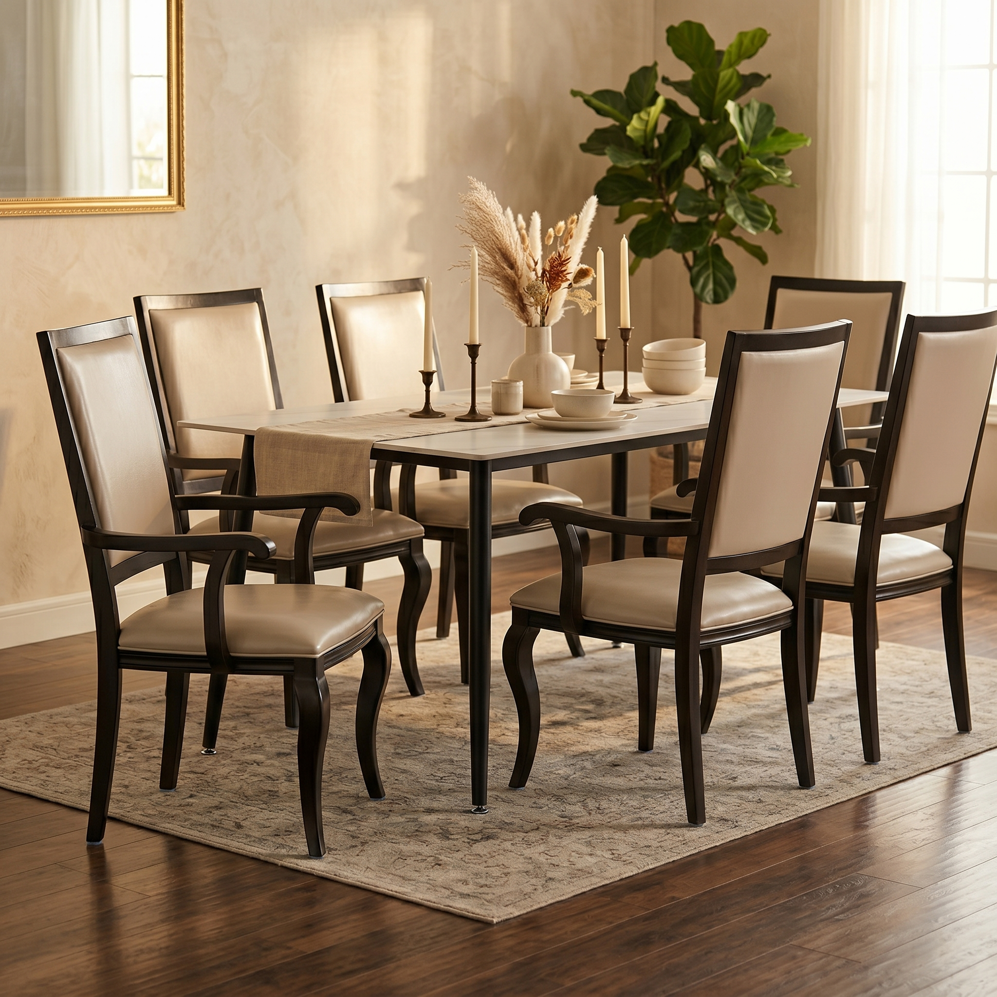 Madera Dining Chair with Leather Seat and Aluminum Crown Design Legs in Walnut Finish