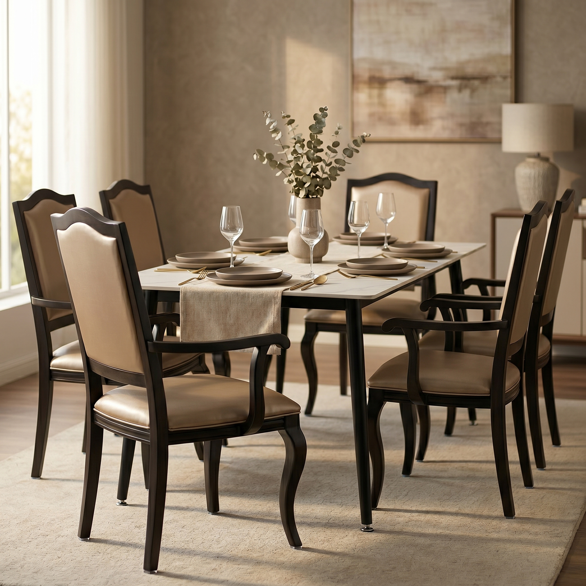 Madera Dining Chair with Leather Seat and Aluminum Legs Rounded Design in Walnut Finish