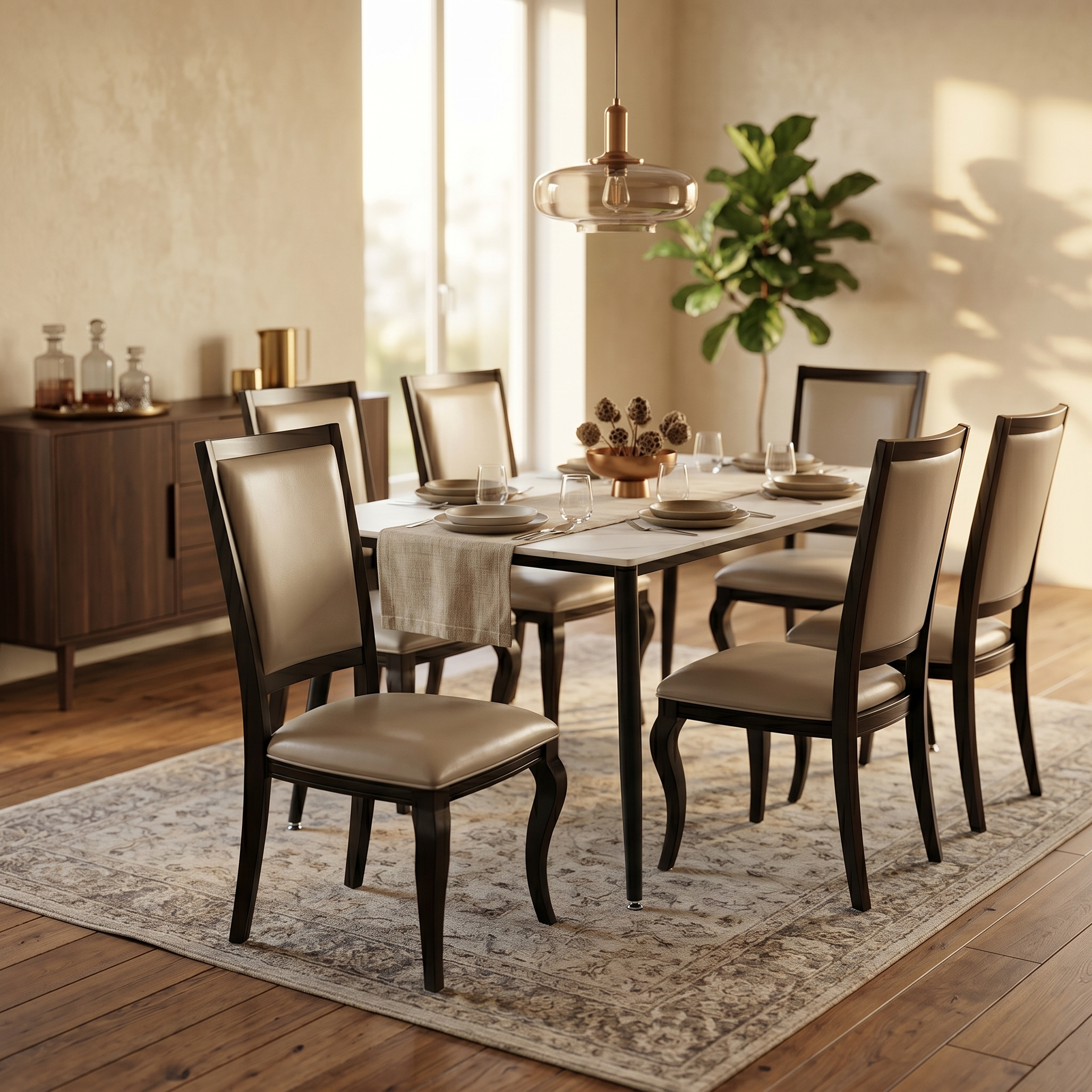 Madera Dining Chair with Leather Seat and Aluminum Crown Design Legs in Walnut Finish