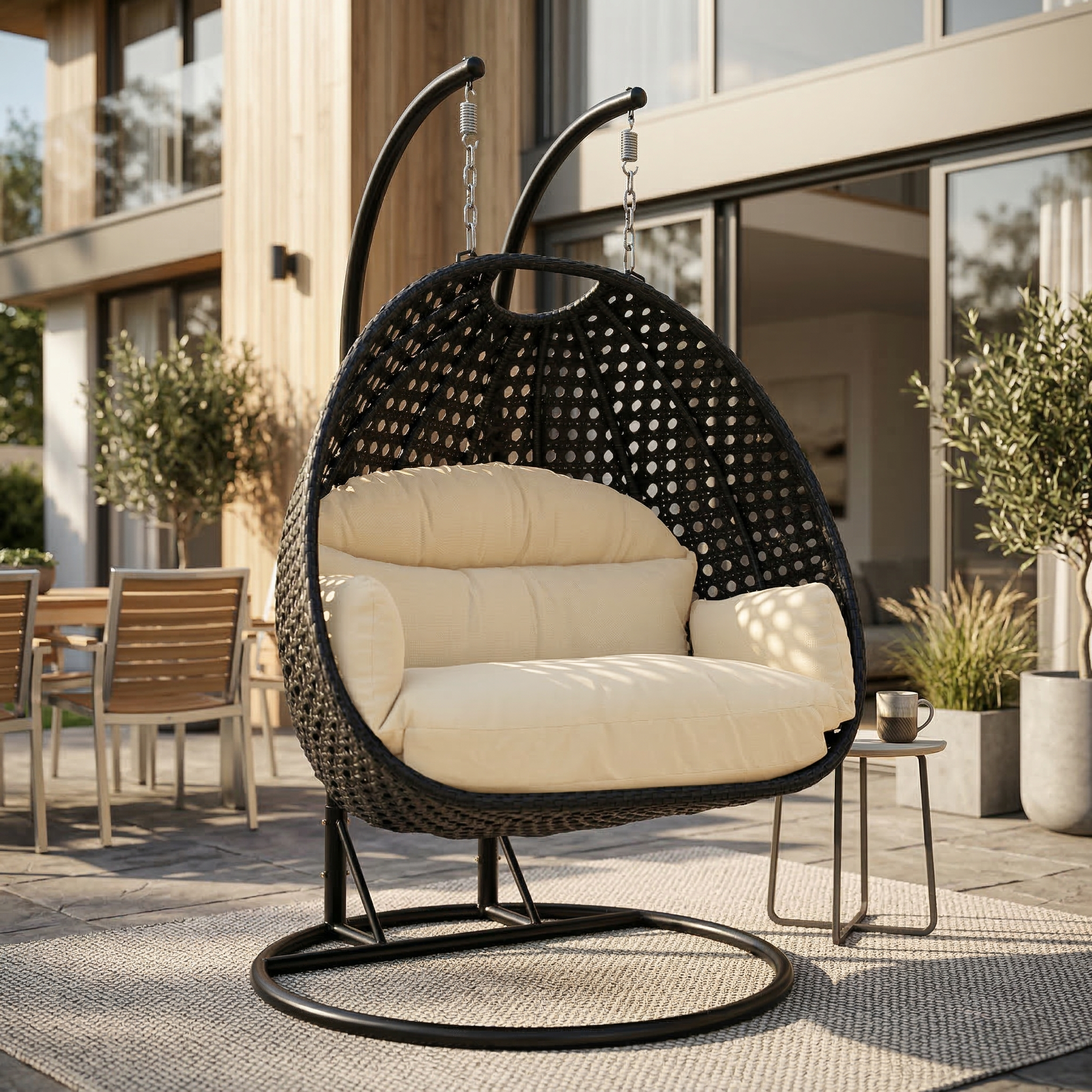Mendoza 2-Person Wicker Hanging Egg Swing Chair with Removable Cushions and Iron Base
