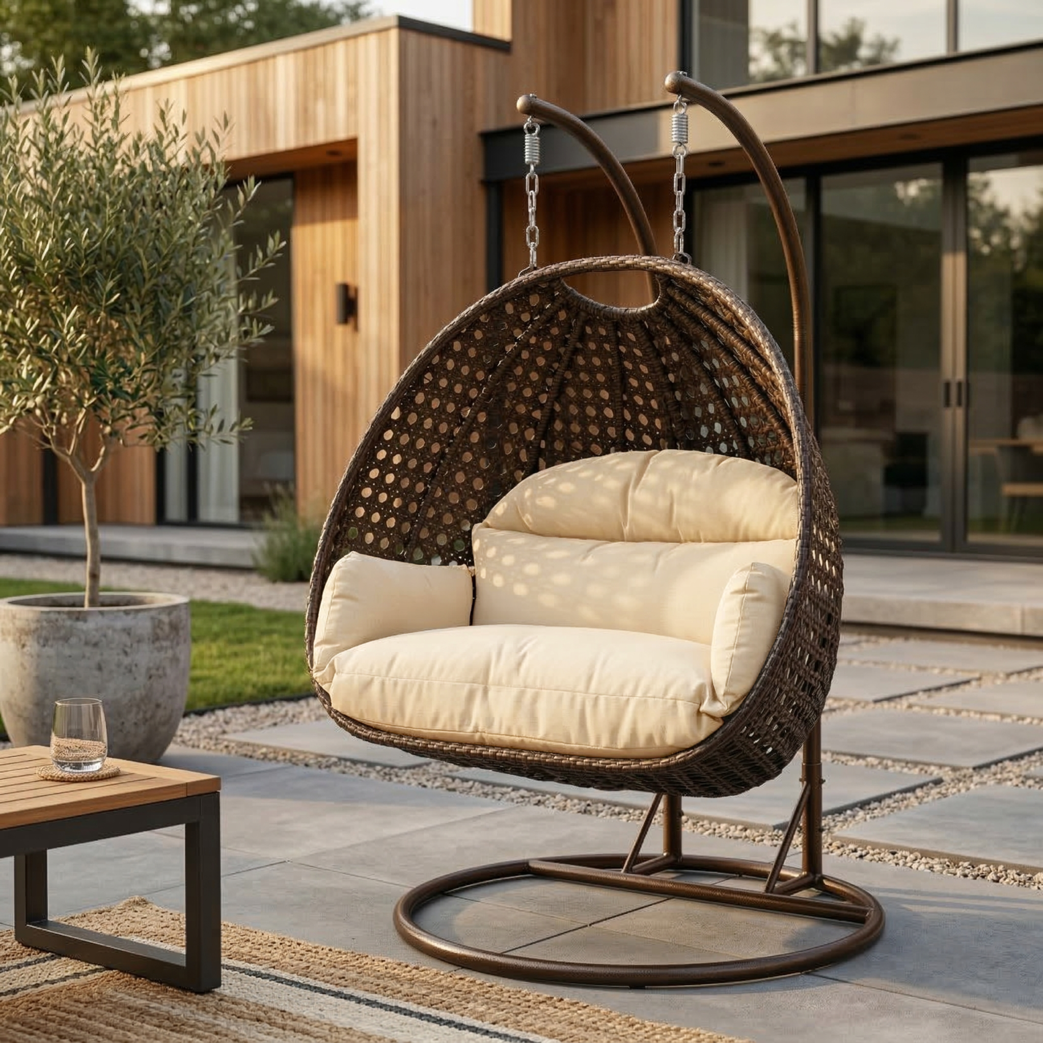 Mendoza 2-Person Wicker Hanging Egg Swing Chair with Removable Cushions and Iron Base