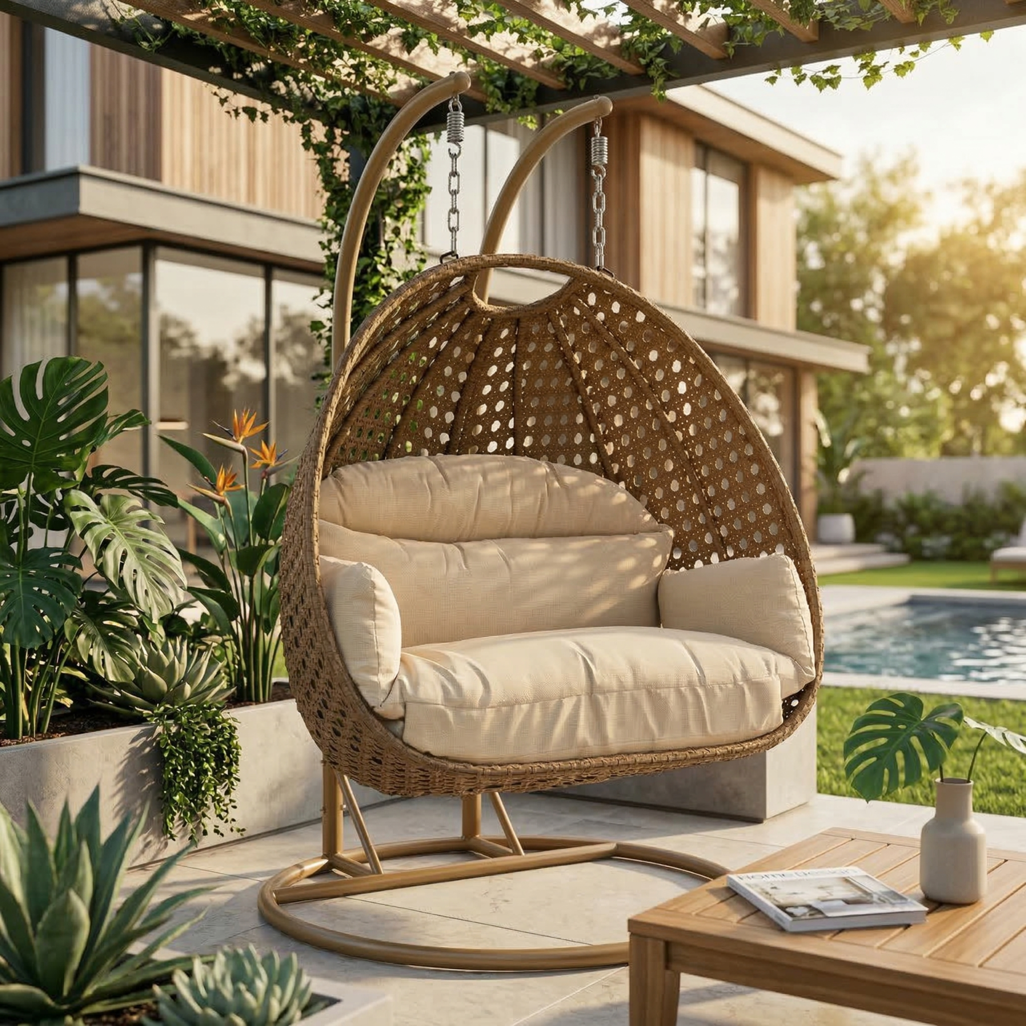 Mendoza 2-Person Wicker Hanging Egg Swing Chair with Removable Cushions and Iron Base