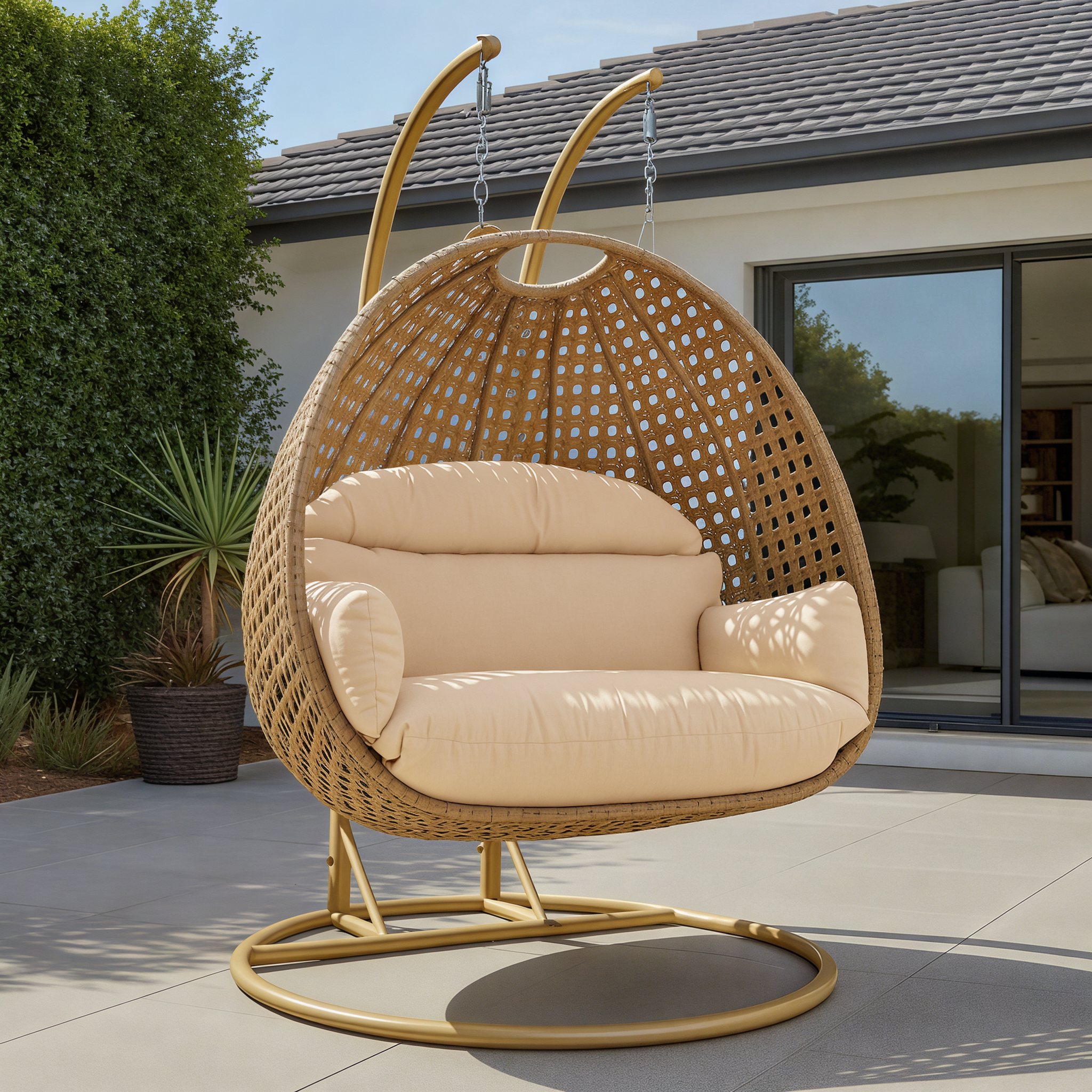 Mendoza 2-Person Wicker Hanging Egg Swing Chair with Removable Cushions and Iron Base