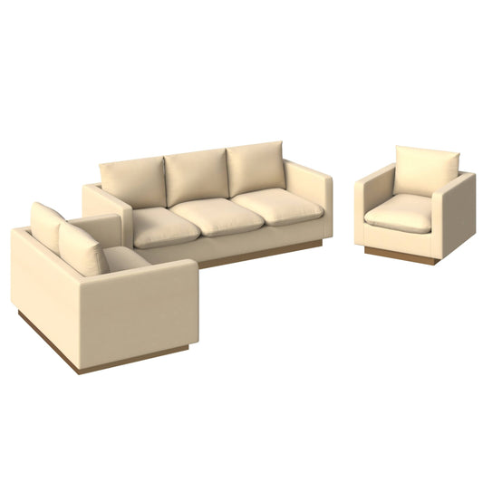 Nervo Velvet/Leather 3-Piece Living Room Sofa Set With Gold Frame and Removable Cushions