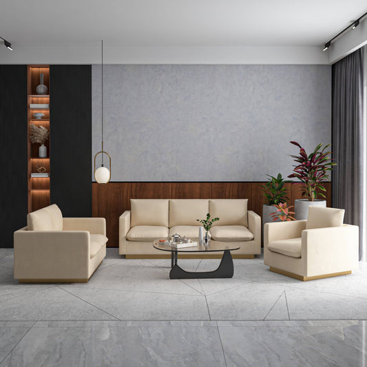 Nervo Velvet/Leather 3-Piece Living Room Sofa Set With Gold Frame and Removable Cushions