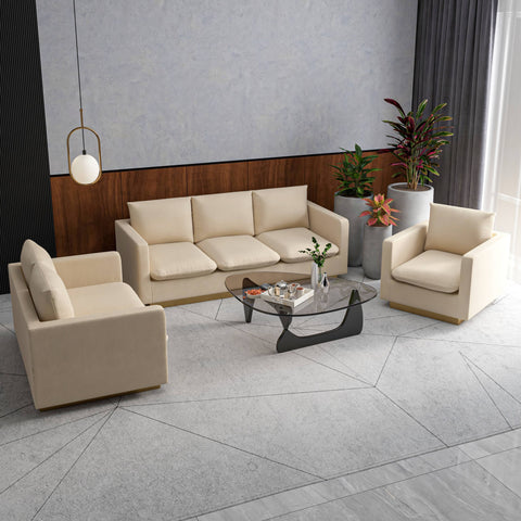 Nervo Velvet/Leather 3-Piece Living Room Sofa Set With Gold Frame and Removable Cushions