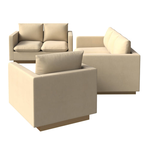 Nervo Velvet/Leather 3-Piece Living Room Sofa Set With Gold Frame and Removable Cushions