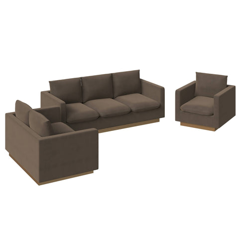 Nervo Velvet/Leather 3-Piece Living Room Sofa Set With Gold Frame and Removable Cushions