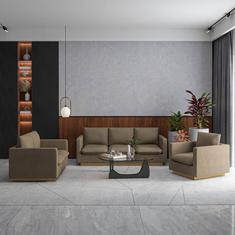 Nervo Velvet/Leather 3-Piece Living Room Sofa Set With Gold Frame and Removable Cushions