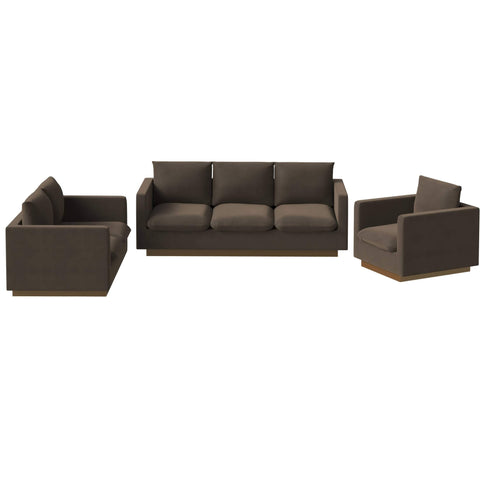Nervo Velvet/Leather 3-Piece Living Room Sofa Set With Gold Frame and Removable Cushions