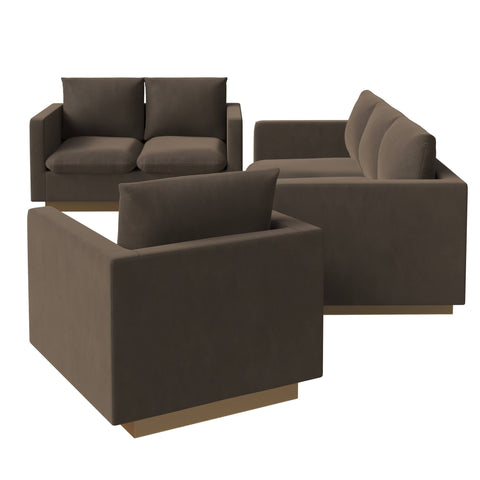 Nervo Velvet/Leather 3-Piece Living Room Sofa Set With Gold Frame and Removable Cushions