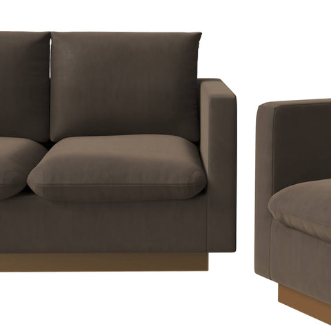Nervo Velvet/Leather 3-Piece Living Room Sofa Set With Gold Frame and Removable Cushions