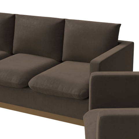 Nervo Velvet/Leather 3-Piece Living Room Sofa Set With Gold Frame and Removable Cushions